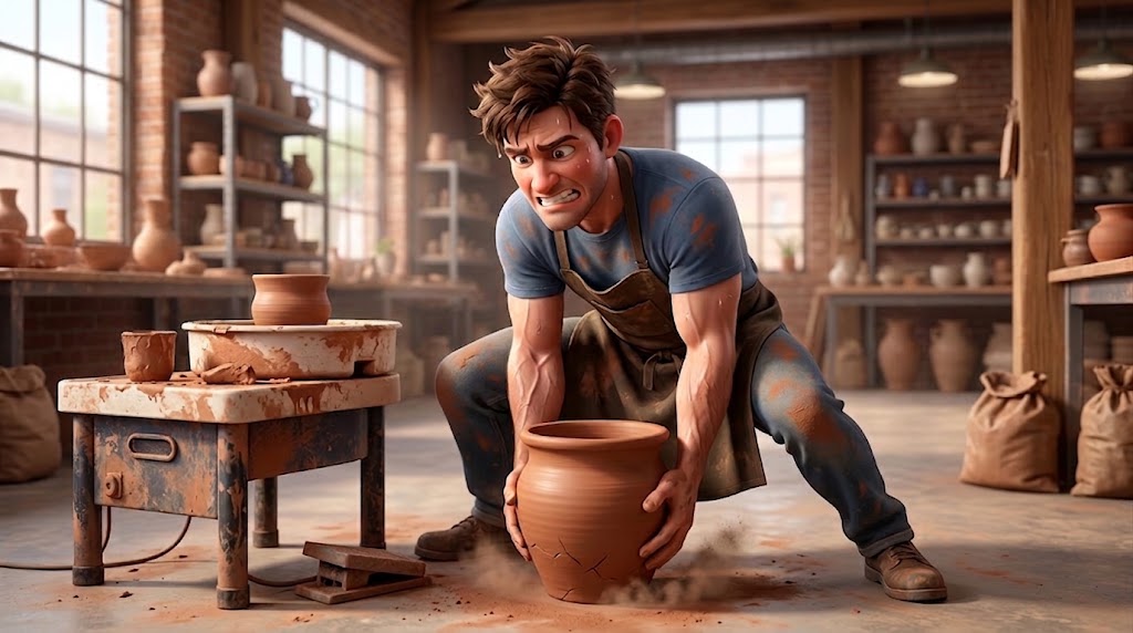 An illustration of a straining potter heaving a huge thick-walled pot off the wheel, kicking up dust in a studio lined with shelves of pottery