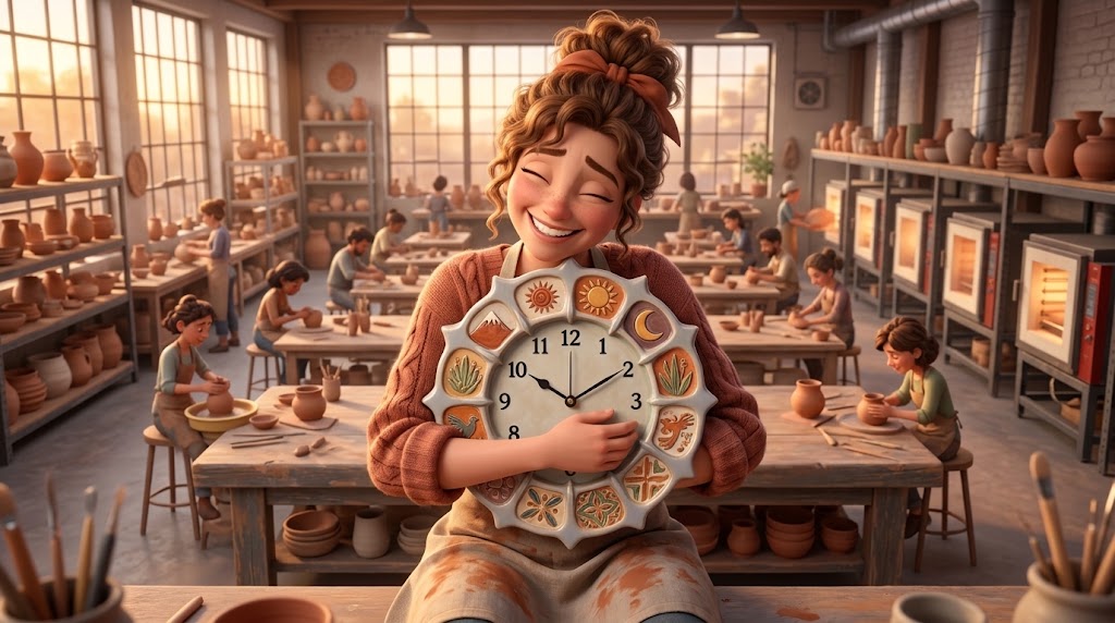 Illustration of a smiling potter holding a twelve-sided ceramic wall clock with decorated tiles around the rim, in a busy studio with wheels, worktables and kilns