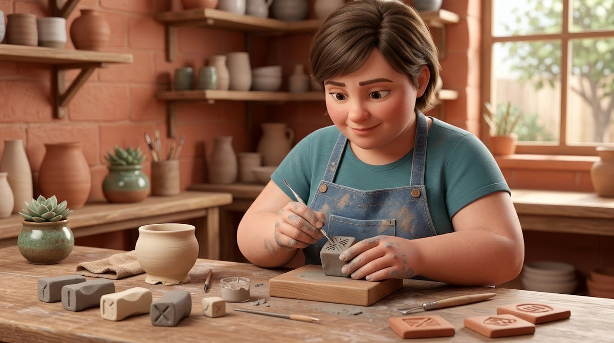 A potter pressing a small hand-carved bisque stamp into the foot of a leather hard mug to leave a crisp maker's mark, with other carved stamps on the bench