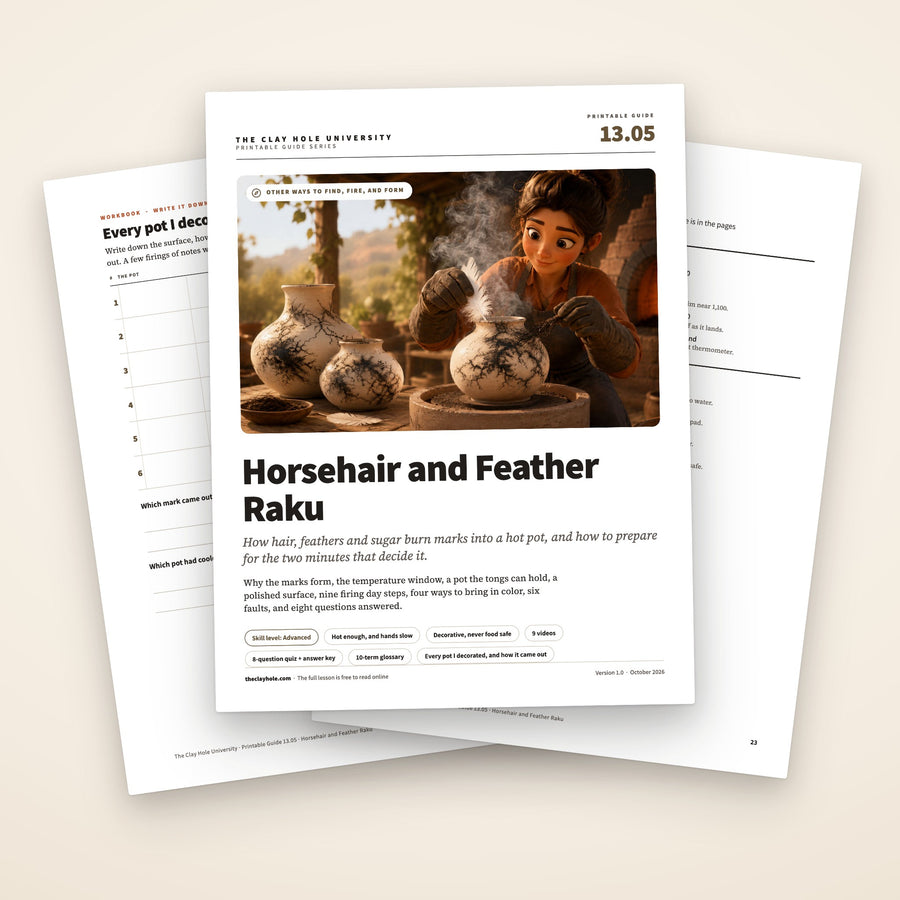 Horsehair and Feather Raku printable guide: a fanned stack of the cover, showing a smiling illustrated potter in heavy gloves holding a white feather over a smoking pot, with two workbook pages behind it