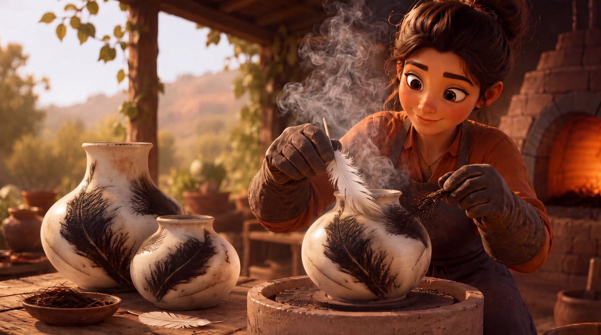 Illustration of a potter in heavy gloves and an apron laying a white feather on a pot on a stand while smoke rises, with a pinch of dark hair in her other hand, finished pots with black feather marks on the table, and a glowing brick kiln behind her