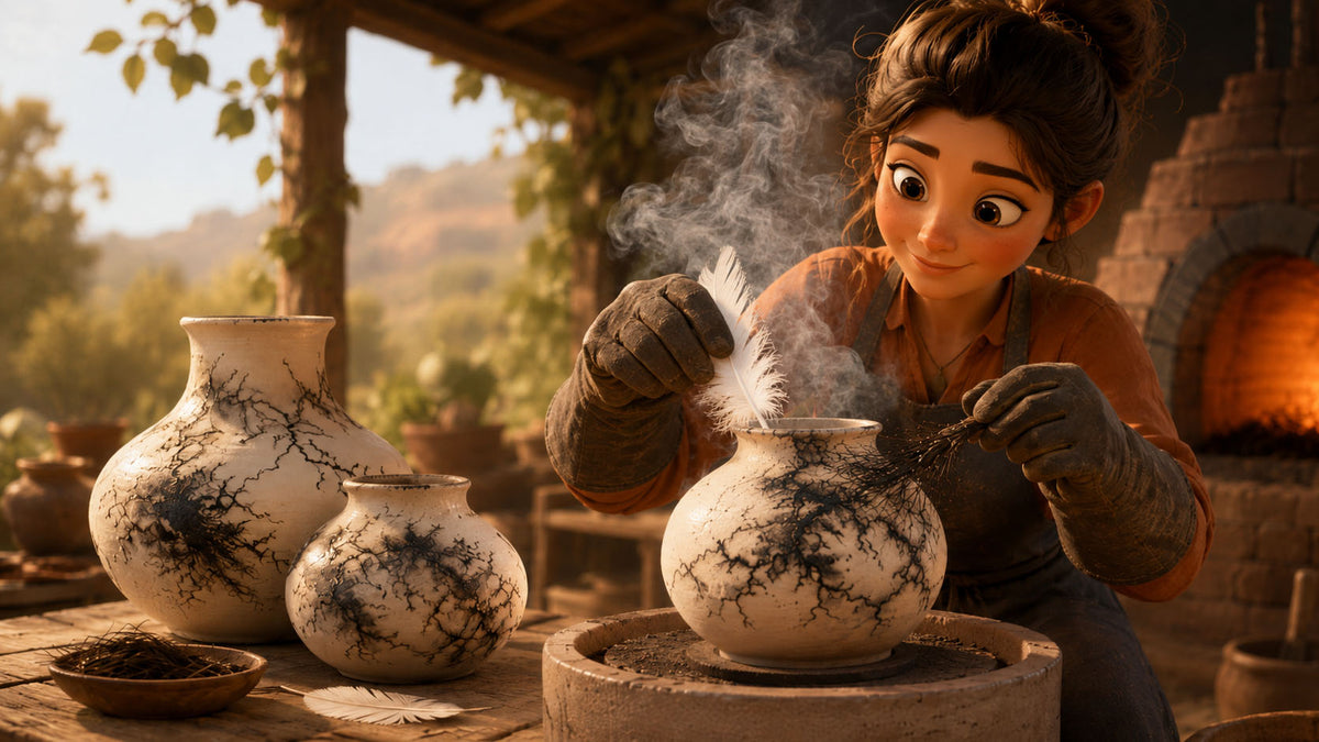 Illustration of a potter in heavy gloves trailing a white feather across a hot pot fresh from the kiln, leaving smoky black branching marks, with two finished horsehair pots on the table and a wood-fired kiln glowing behind her