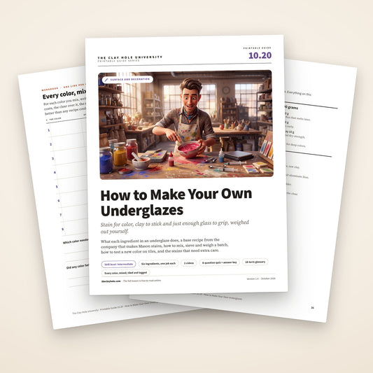 How to Make Your Own Underglazes printable guide: the cover, with the color log and the one page reference fanned behind it