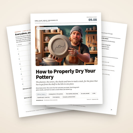 How to Properly Dry Your Pottery printable guide: the cover, with the piece log and the one page summary fanned behind it