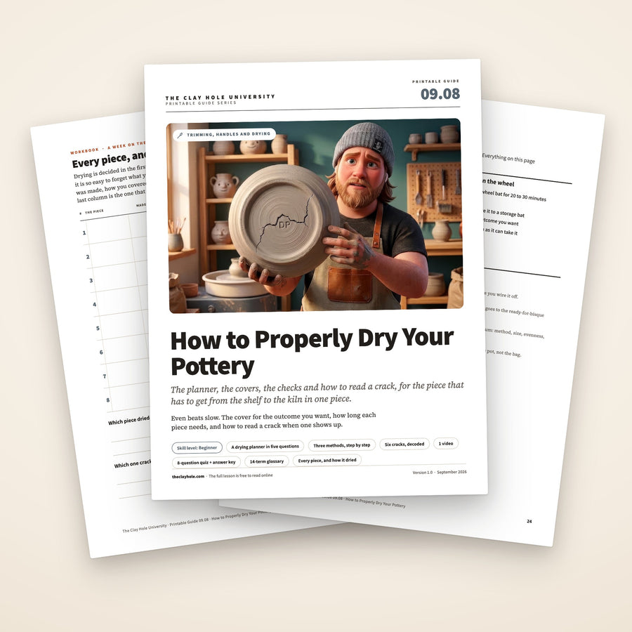 How to Properly Dry Your Pottery printable guide: the cover, with the piece log and the one page summary fanned behind it