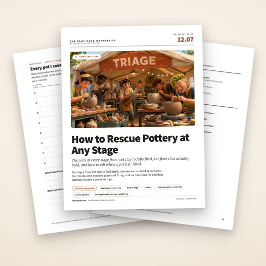 How to Rescue Pottery at Any Stage printable guide: the cover, with the pot log and the one page summary fanned behind it