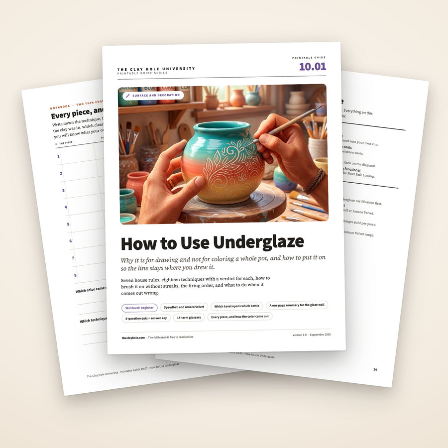 How to Use Underglaze printable guide: the cover, with the practice log and the one page summary of the rules fanned behind it