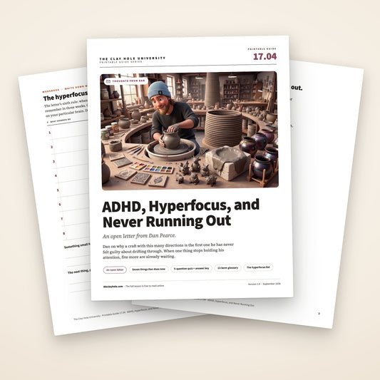 ADHD, Hyperfocus, and Never Running Out printable letter: the cover, with the hyperfocus list and the first page of the letter fanned behind it