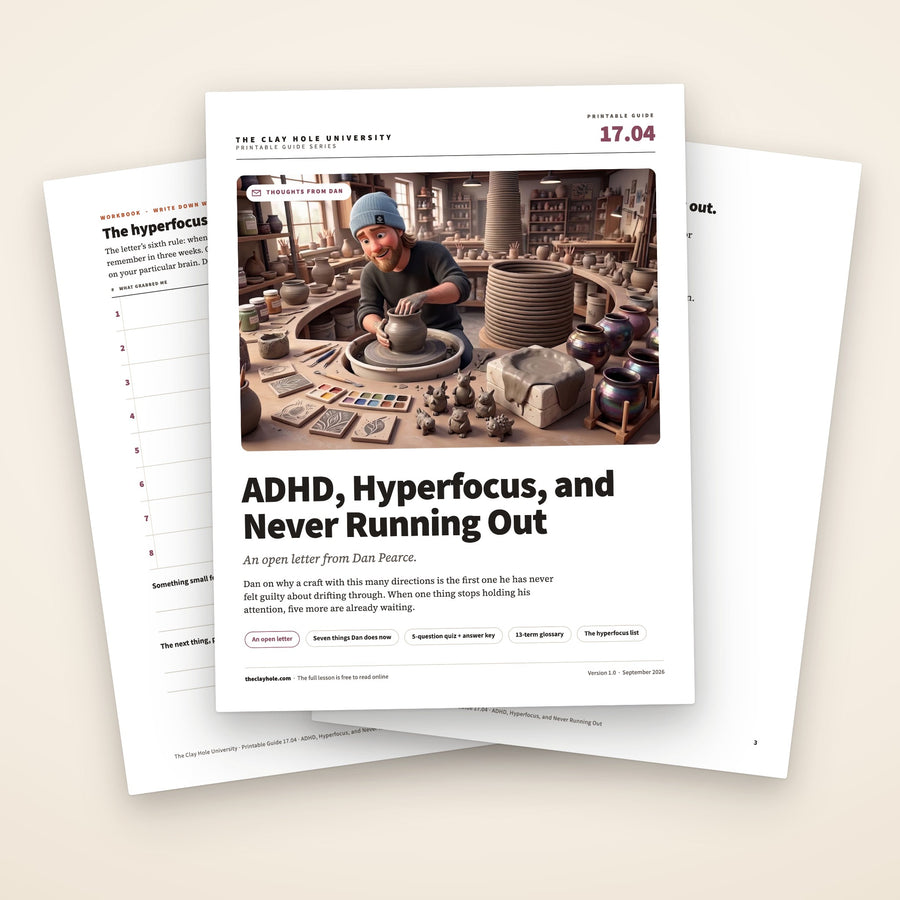 ADHD, Hyperfocus, and Never Running Out printable letter: the cover, with the hyperfocus list and the first page of the letter fanned behind it