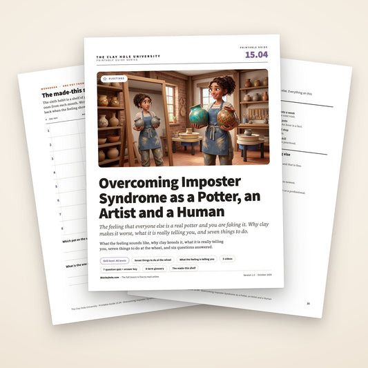 Overcoming Imposter Syndrome as a Potter, an Artist and a Human printable guide: the cover, with the made-this shelf log and the one page summary fanned behind it