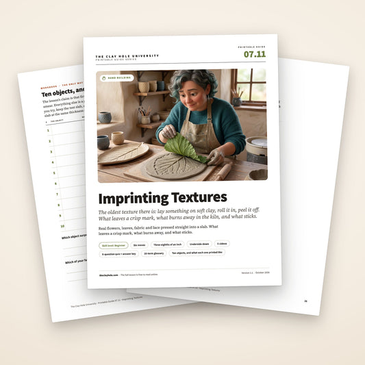 Imprinting Textures printable guide: the cover, with the object log and the questions page fanned behind it