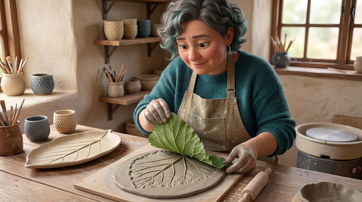 A potter rolling a real leaf and a piece of lace into a soft clay slab with a rolling pin, the veins and the weave pressed crisply into the surface