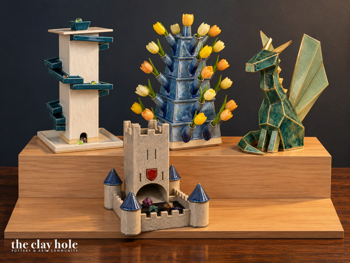 Pottery made from the Insane paper templates from The Clay Hole, grouped on a wooden stand