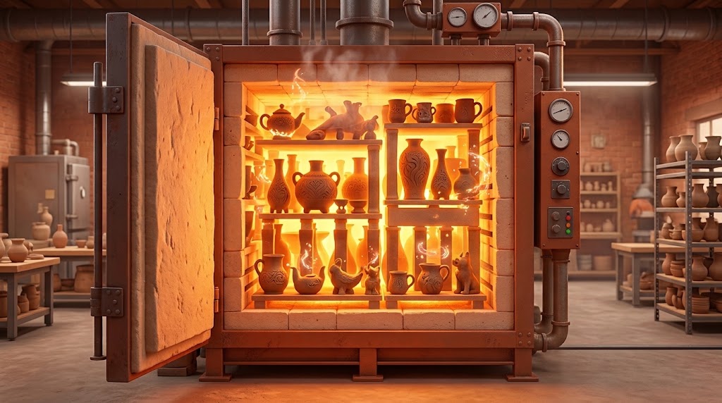 An illustration of a front loading kiln with its brick door swung open, packed with mugs, jars and small animal figures glowing orange on three levels of shelving, in a pottery studio lined with shelves of unfired work