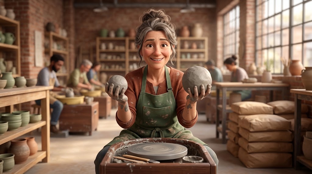 Illustration of a potter at the wheel in a busy studio, holding a small ball of clay in one hand and a much larger ball in the other, weighing up which one to throw next