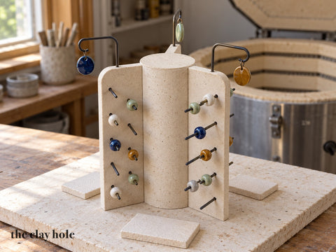 A handmade stoneware kiln jewelry rack with three fins, wire pins and hooks, holding glazed beads and pendants, made from a Clay Hole paper template