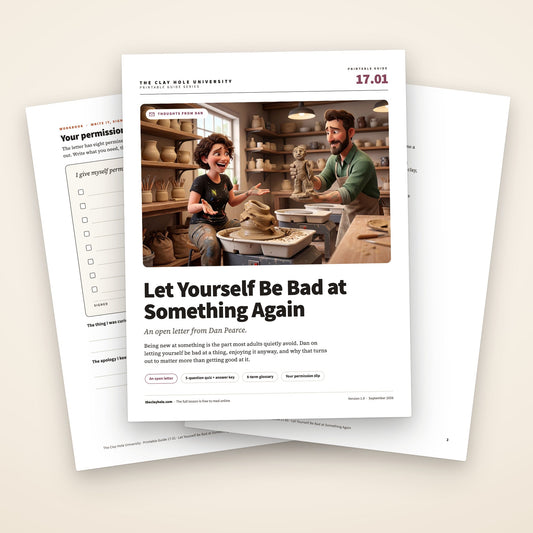 Let Yourself Be Bad at Something Again printable open letter: the cover, with the permission slip and the first page of the letter fanned behind it