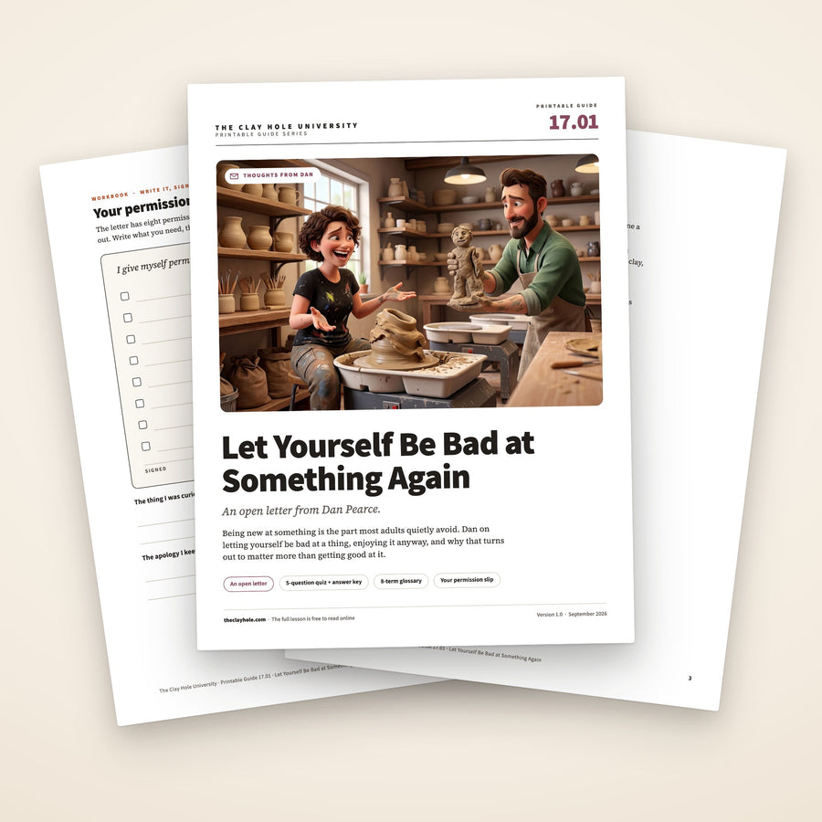 Let Yourself Be Bad at Something Again printable open letter: the cover, with the permission slip and the first page of the letter fanned behind it