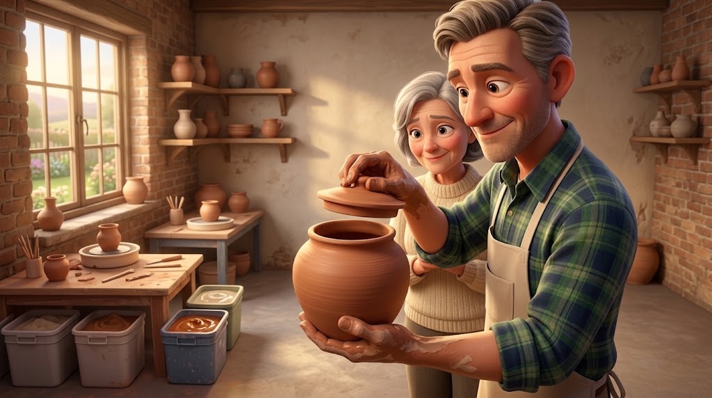 An illustration of a potter lifting the lid from a round-bellied jar to check the gallery, while a second potter leans in to look over his shoulder