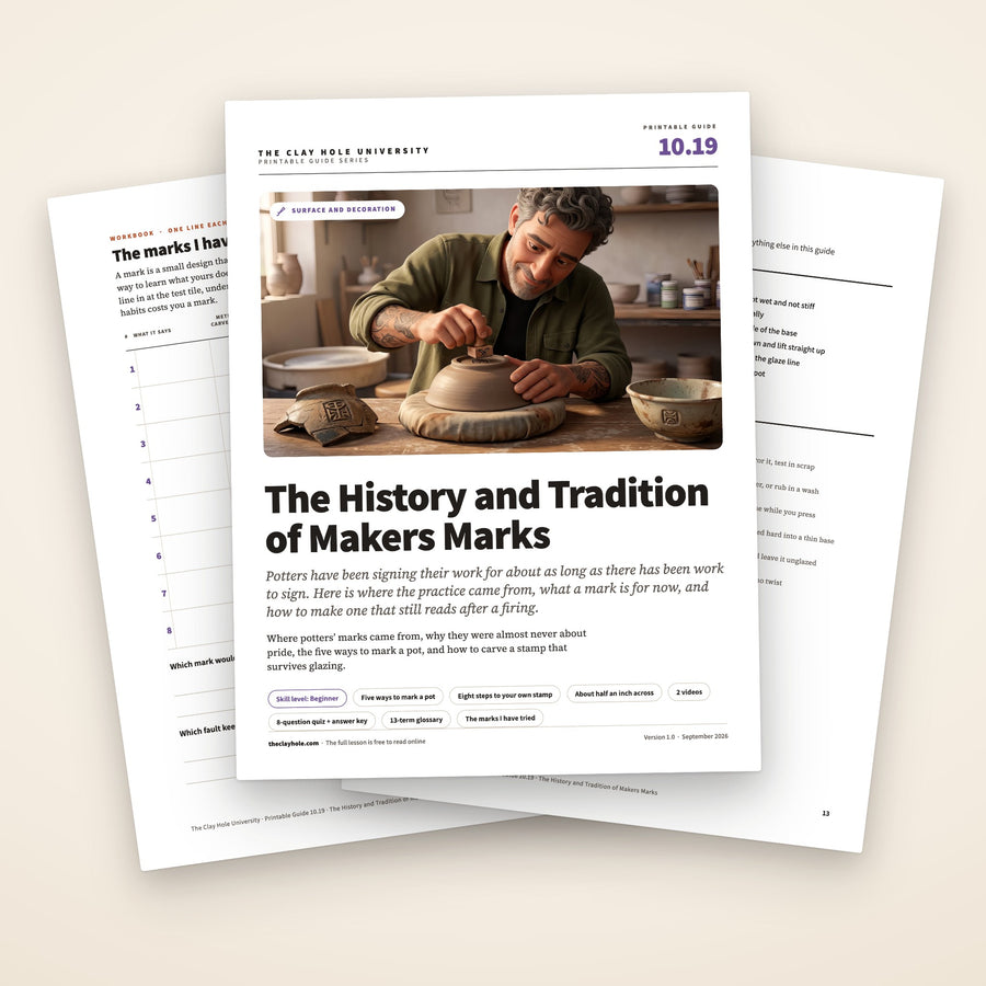 The History and Tradition of Makers Marks printable guide: the cover, with the marks I have tried log and the whole mark on one page pages fanned behind it