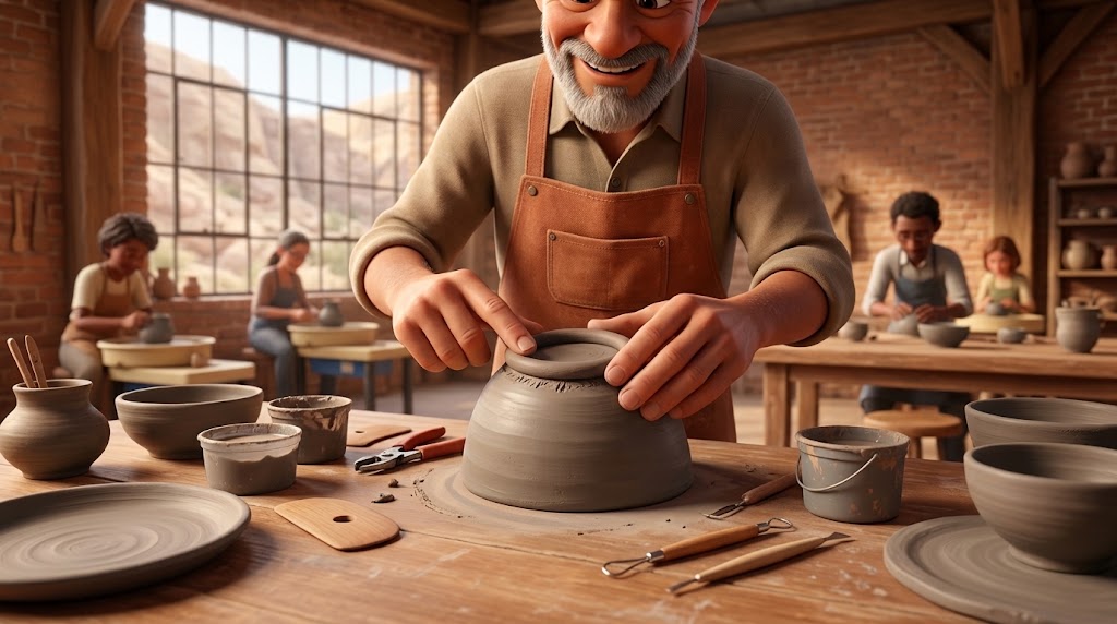 Illustration of a potter in a terracotta apron pressing a ring of clay onto the upside-down base of a bowl at a studio worktable, with trimming tools, a slab plate and buckets of slip around him and other potters at wheels behind