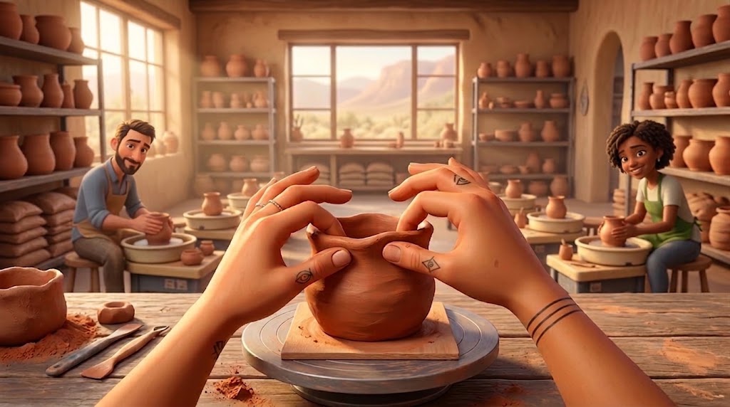 An illustration of two hands pinching the rim of a small clay pot in the middle of a sunny studio, with potters working at benches on either side