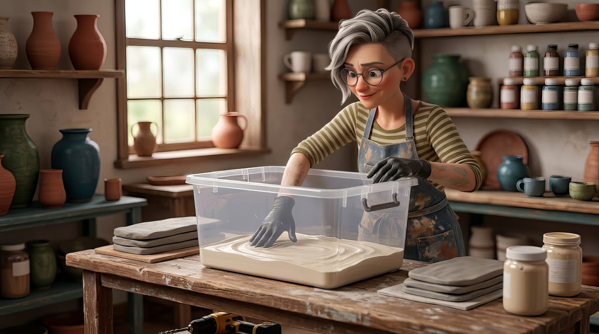 A clear lidded plastic tub with a white plaster slab in the bottom and several leather hard pots sitting on mesh above it, the lid propped open on a home workbench