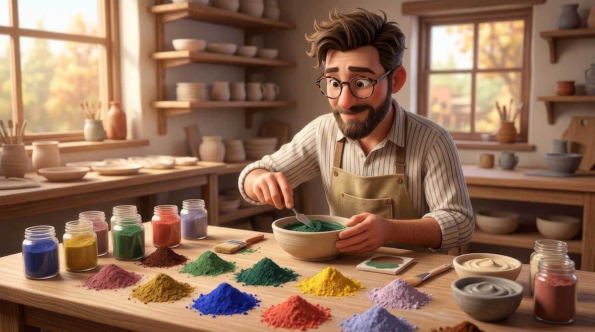 Jars of brightly coloured mason stain powder beside a scale, a sieve and test tiles in blue, green and pink, with a wedged lump of stained clay cut in half