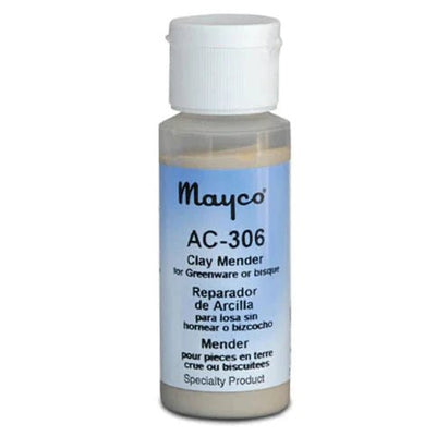 The 2 fl oz bottle of Mayco AC-306 Clay Mender, an enhanced slip for repairing greenware or bisque