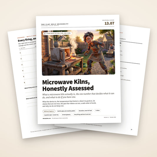 Microwave Kilns, Honestly Assessed printable guide: a fanned stack of the cover, showing an illustrated potter in heavy gloves lifting a glowing pot with tongs from a microwave on an outdoor workbench, with two workbook pages behind it