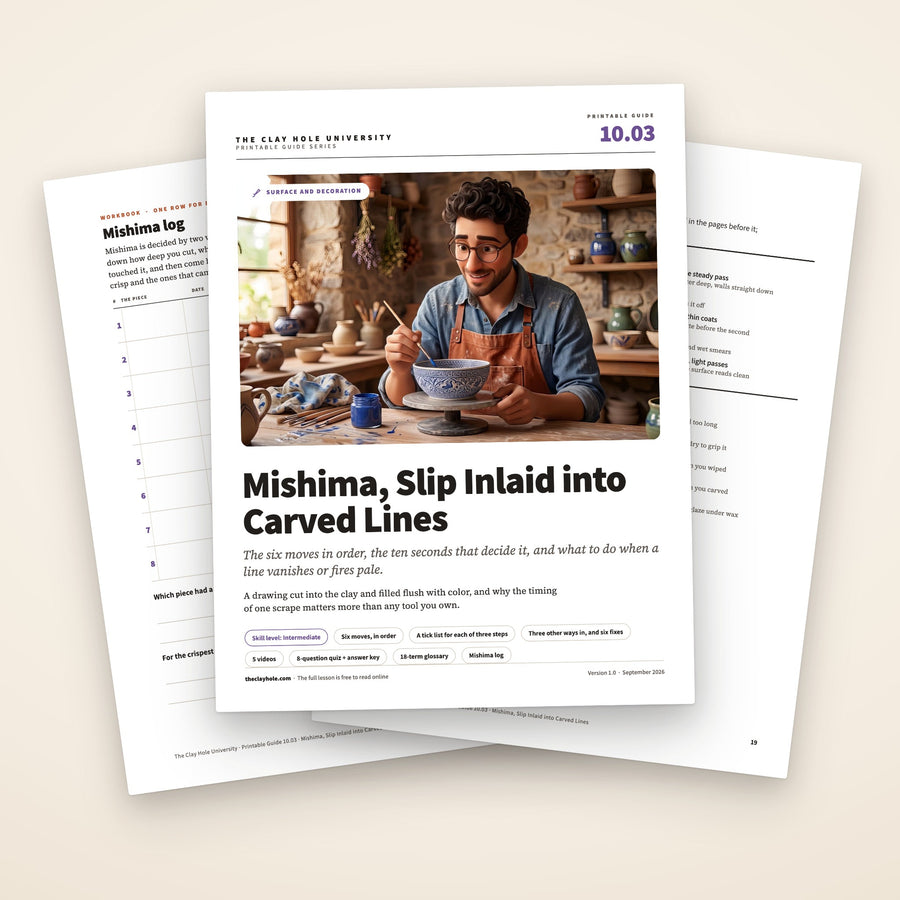 Mishima, Slip Inlaid into Carved Lines printable guide: the cover, with the mishima log and the mishima card fanned behind it