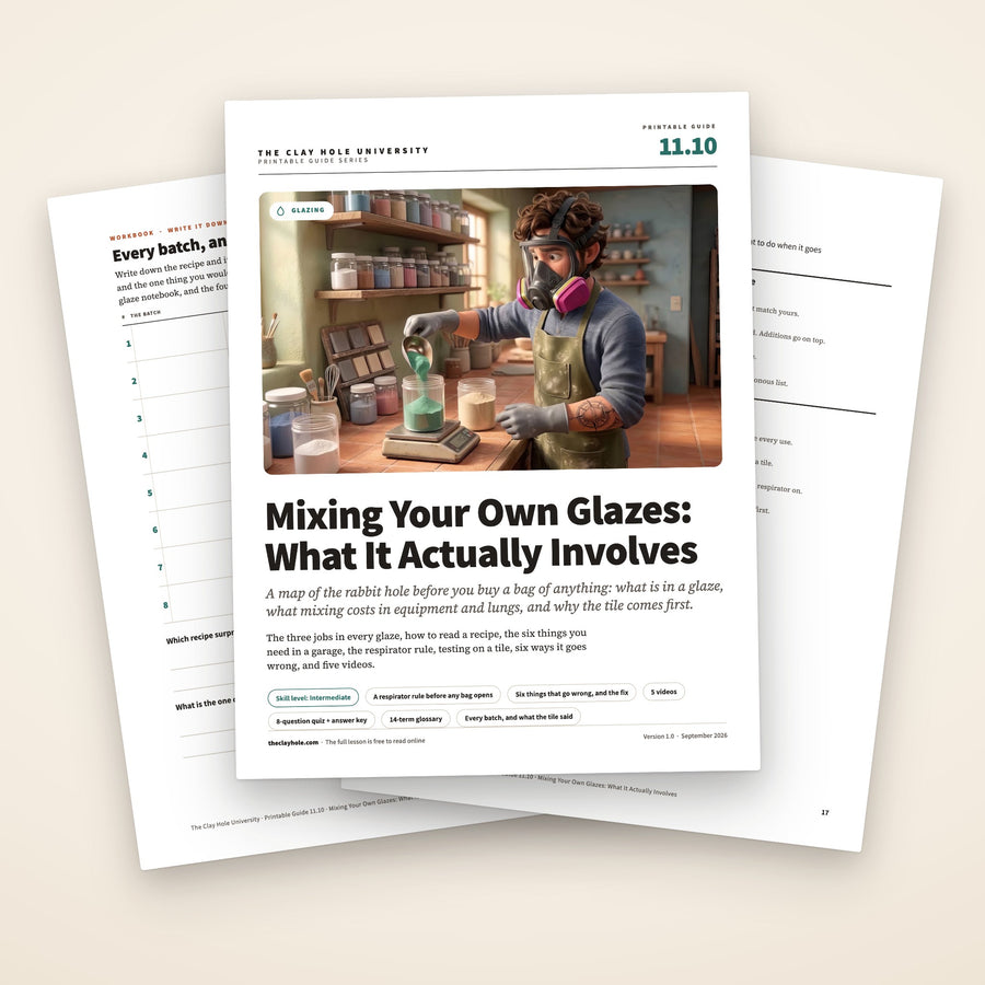 Mixing Your Own Glazes: What It Actually Involves printable guide: the cover, with the batch log and the one page summary fanned behind it