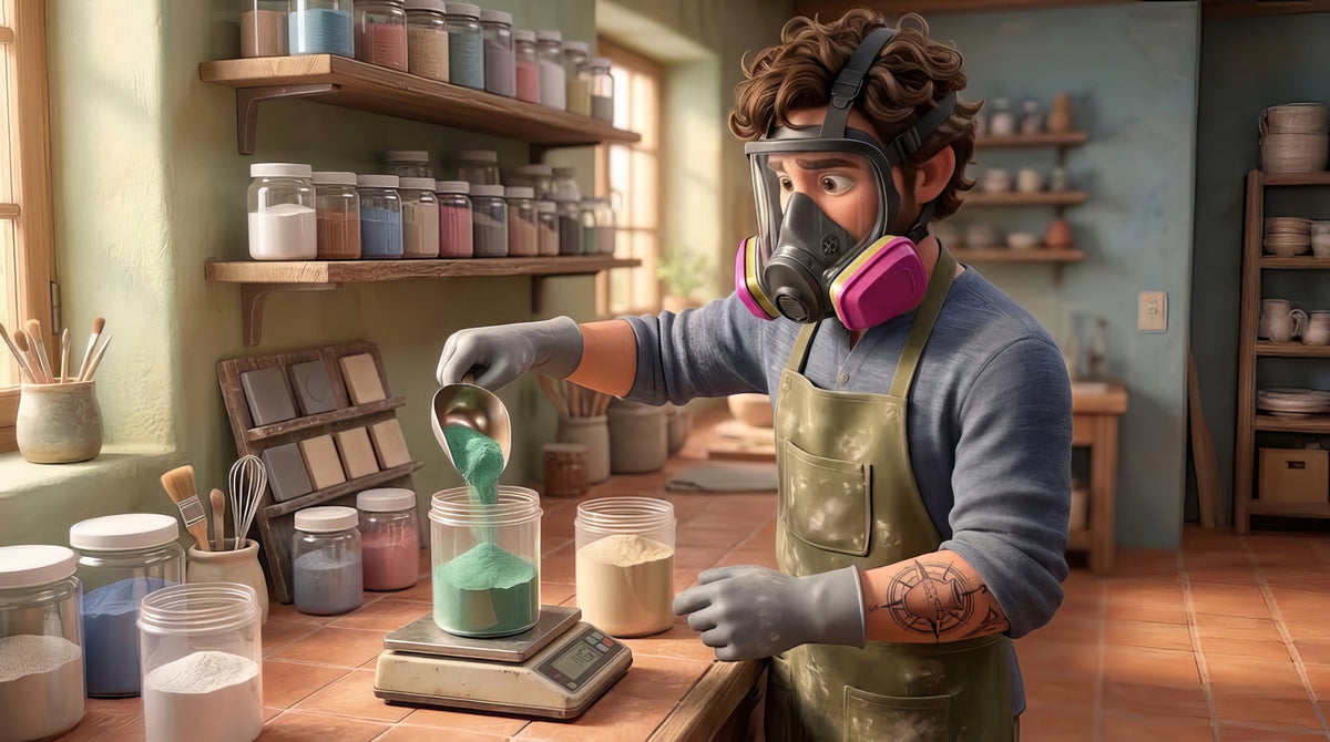 A potter in a respirator and gloves spooning green glaze powder onto a gram scale, with jars of dry glaze materials on the shelves behind and a rack of fired test tiles on the bench