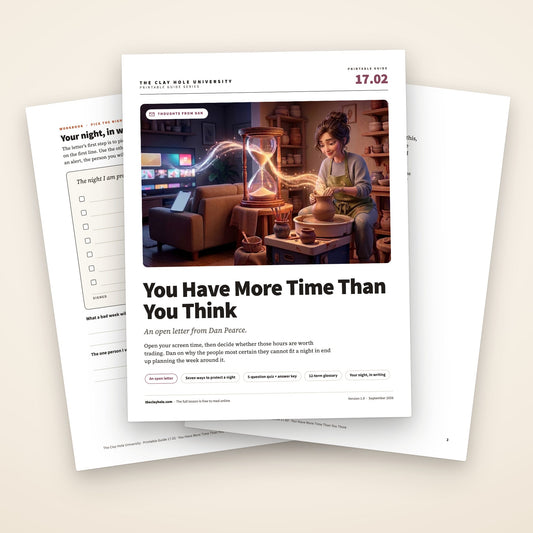 You Have More Time Than You Think printable letter: the cover, with the page for writing down your night and the first page of the letter fanned behind it