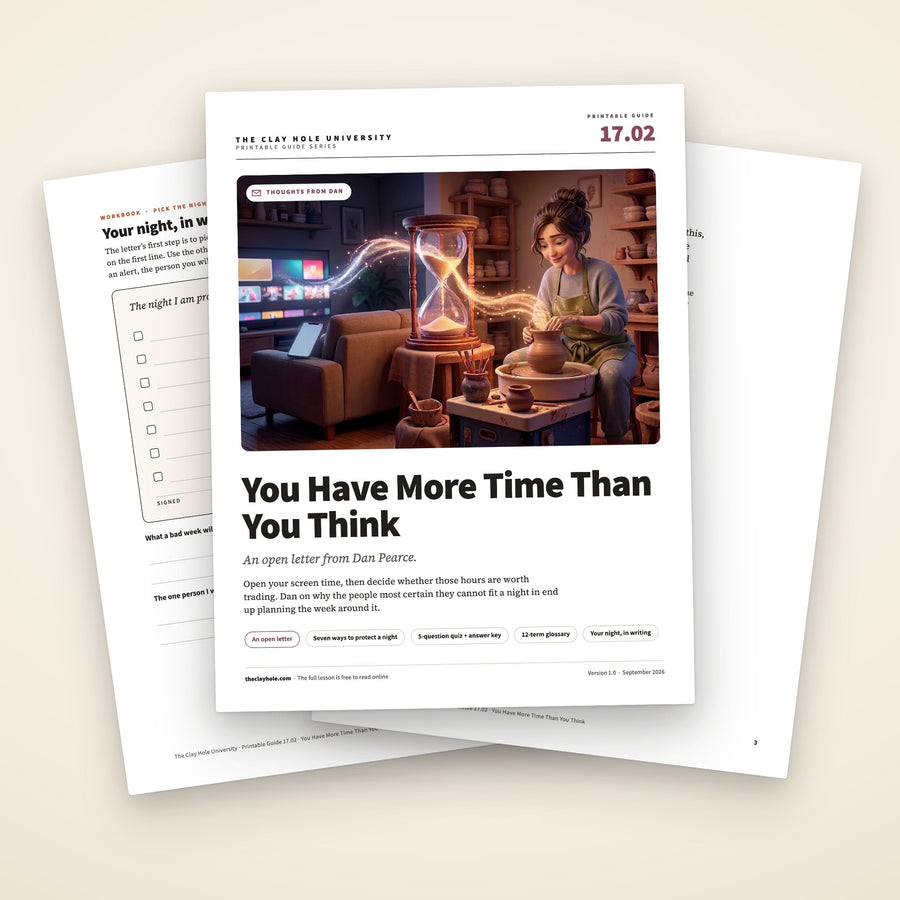 You Have More Time Than You Think printable letter: the cover, with the page for writing down your night and the first page of the letter fanned behind it
