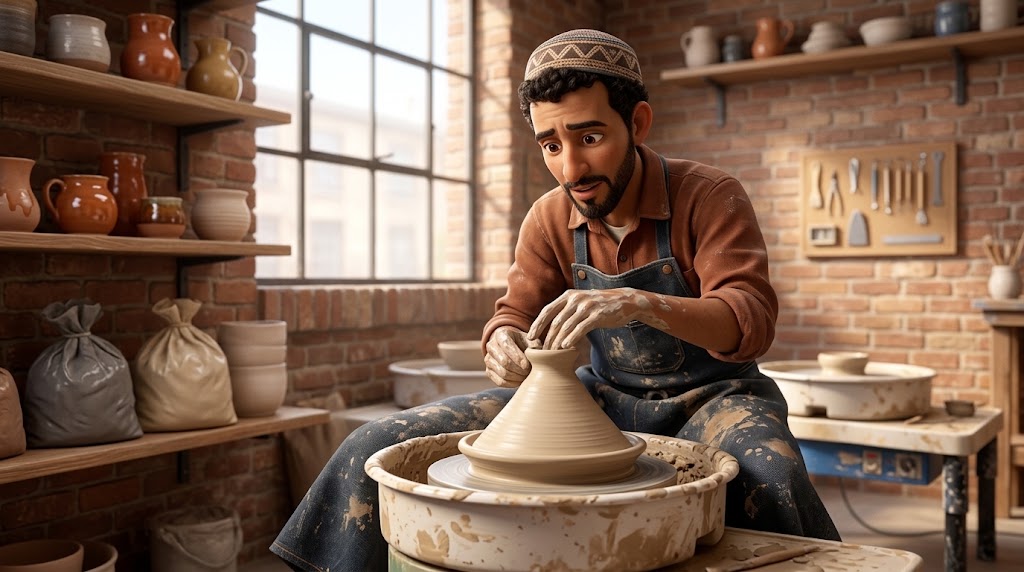 Glazed Moroccan tagine with a shallow round base and a tall conical lid resting in its seat