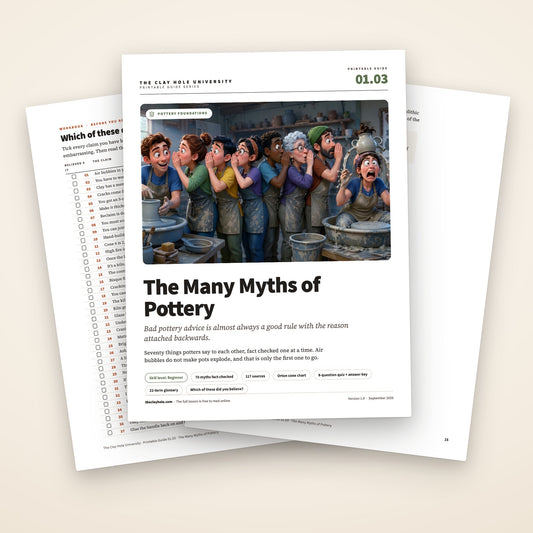 The Many Myths of Pottery printable pottery guide: the cover, with workbook pages fanned behind it