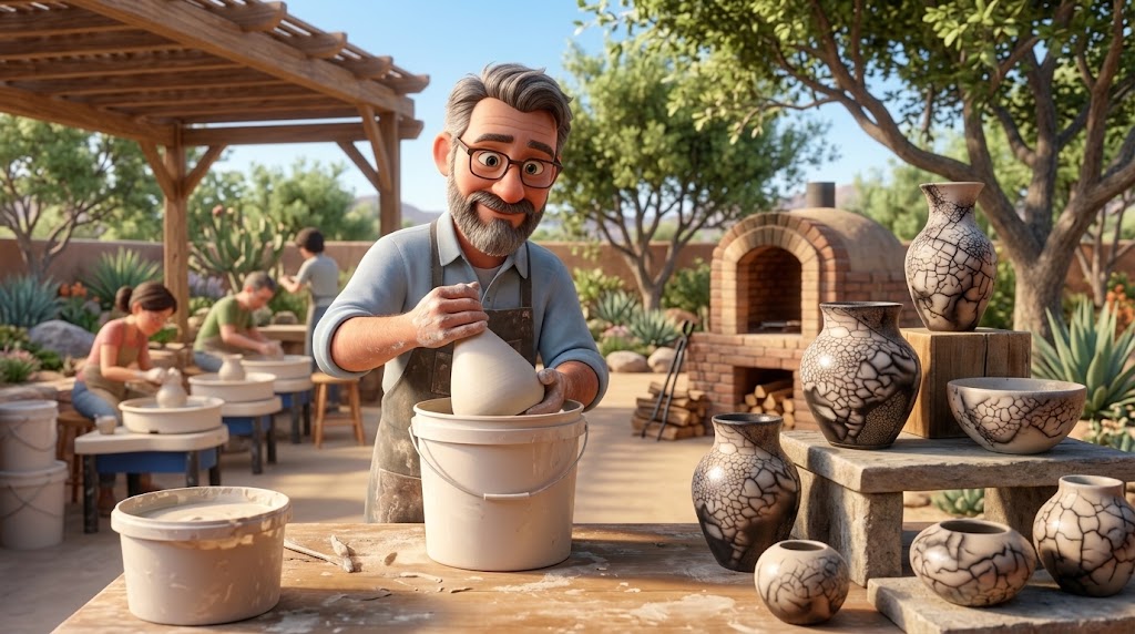 Illustration of a bearded potter in an apron lowering a pale bottle into a bucket of resist slip outdoors, with finished naked raku pots in black crackle patterns lined up on a stone bench and a brick kiln behind him
