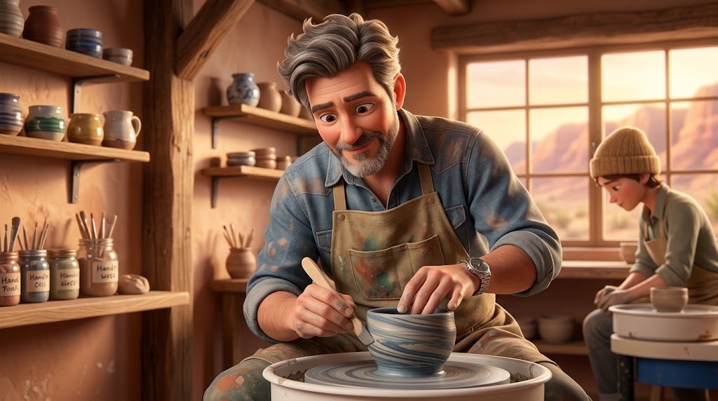 A wheel-thrown pot in marbled colored clay, dark and pale bands swirling around the curve of the form from foot to rim, sitting on a potter's wheel head