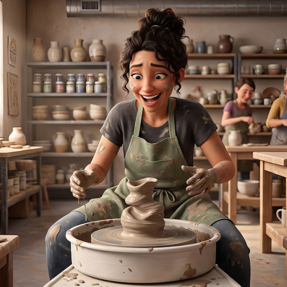 Illustration of a delighted first-time member at the wheel, hands in the clay while a lopsided pot wobbles, with shelves of finished pottery behind her.