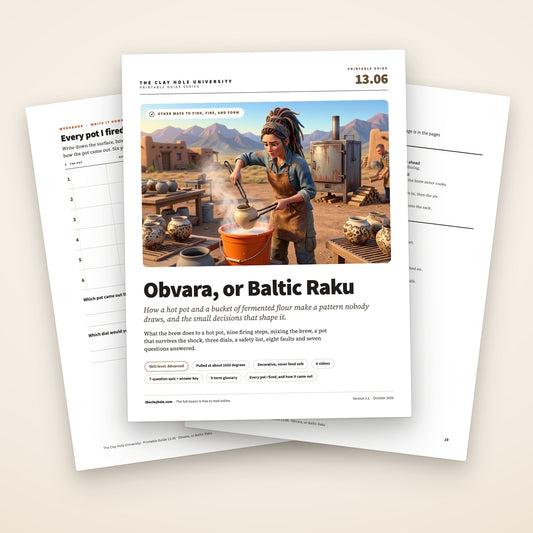 Obvara, or Baltic Raku printable guide: a fanned stack of the cover, showing an illustrated potter lowering a pale steaming pot on tongs into an orange bucket of brew, with two workbook pages behind it
