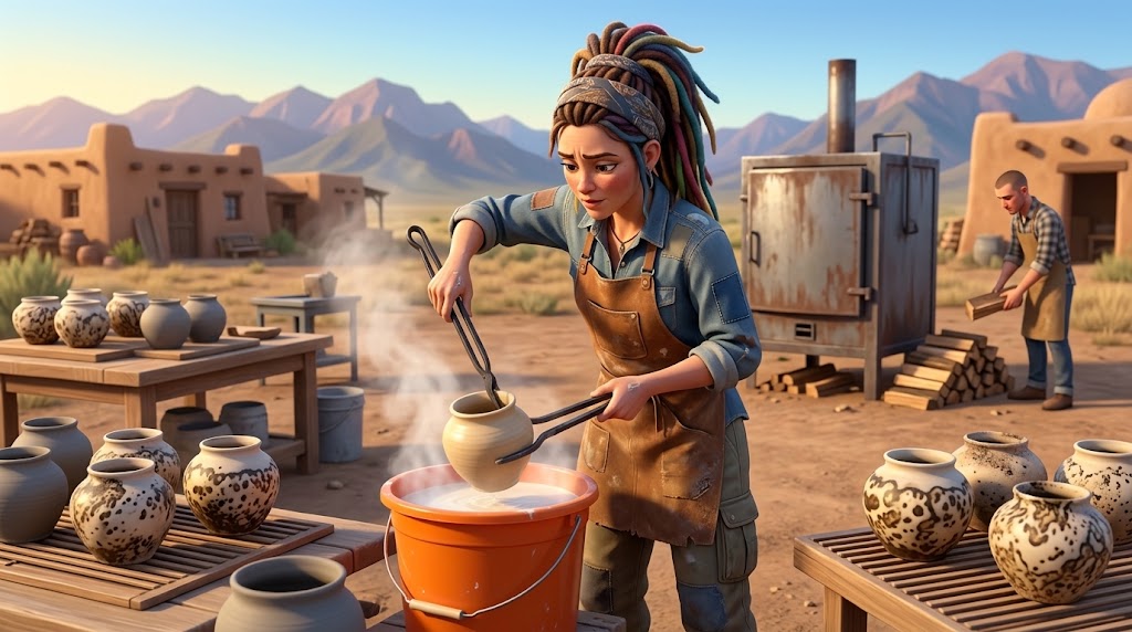 A potter in an apron lowering a hot pot into a bucket of obvara brew with long tongs, with finished obvara pots covered in brown and black mottled patterns on racks either side and a raku kiln behind
