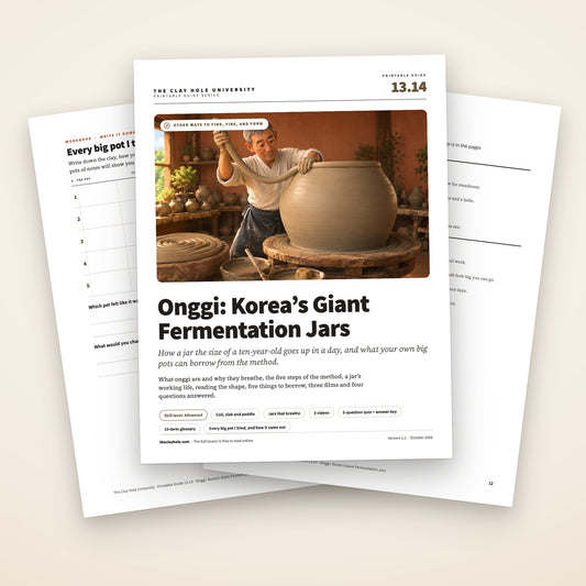 Onggi: Korea’s Giant Fermentation Jars printable guide: the cover, with the big pot log and the one page method reference fanned behind it