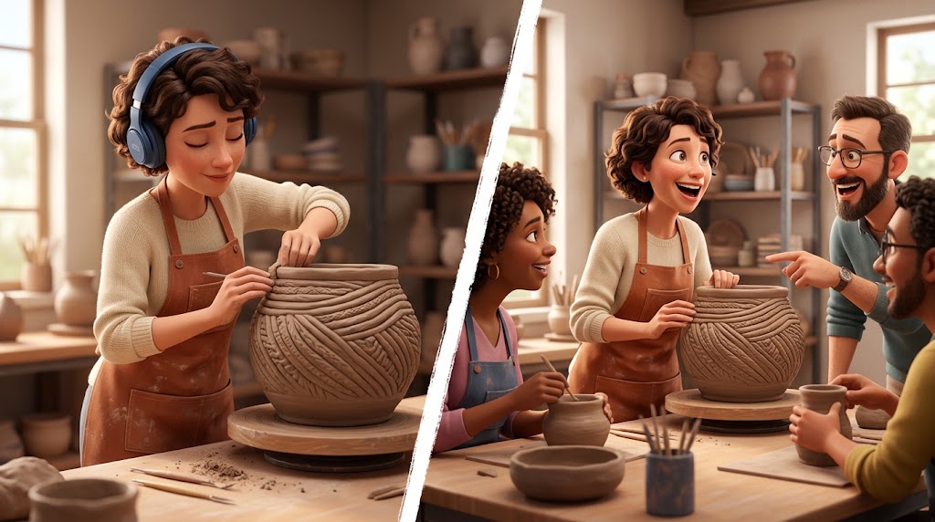 Two scenes side by side: a potter in headphones working quietly alone at a wheel during open studio time, and the same potter laughing with an instructor and other members at a table during an open studio class