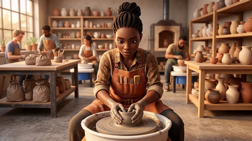 A potter pressing both thumbs down into a centered lump of clay to open the base of a pot on a spinning pottery wheel