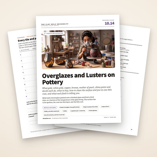 Overglazes and Lusters on Pottery printable guide: the cover, with the tile and piece log and the one page summary fanned behind it