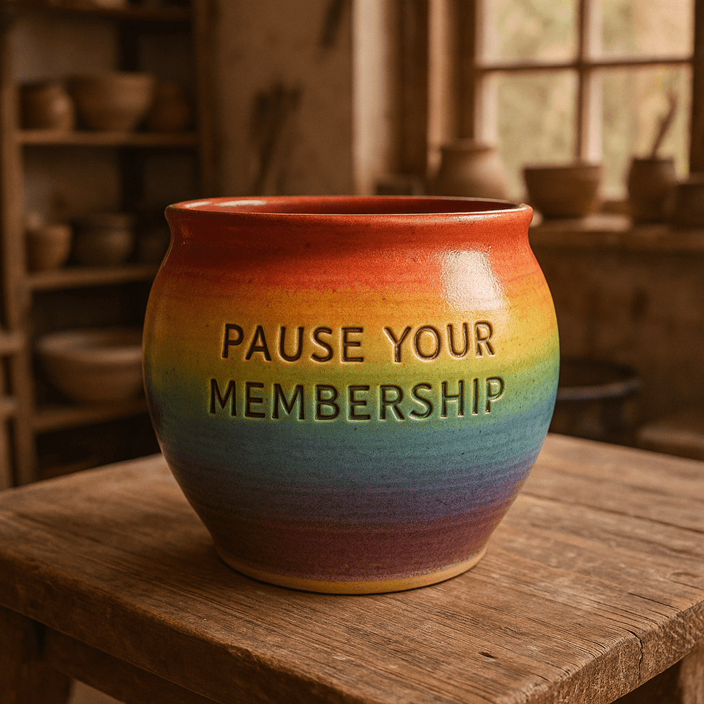 A rainbow-glazed pot with the words Pause Your Membership on the front
