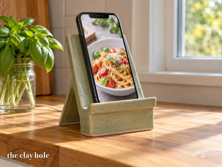 A Phone and Recipe Stand made from The Clay Hole paper template 28: a leaning stand for a phone or a recipe card, with a path for the charging cord