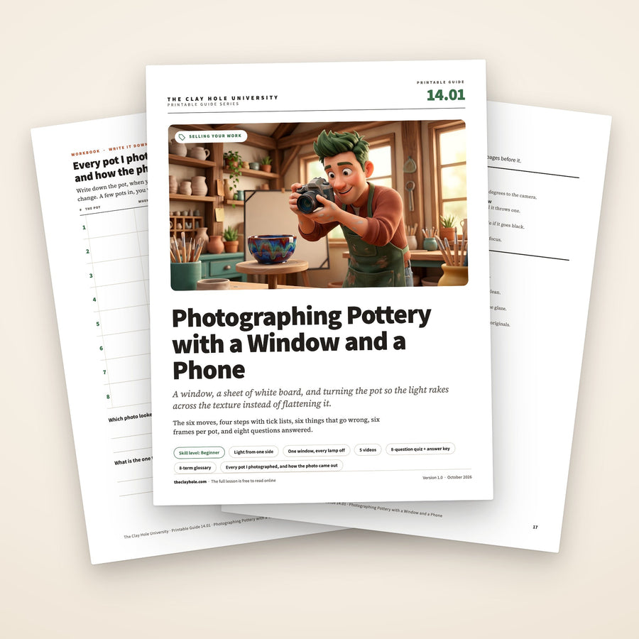 Photographing Pottery with a Window and a Phone printable guide: the cover, with the pot photo log and the one page summary fanned behind it