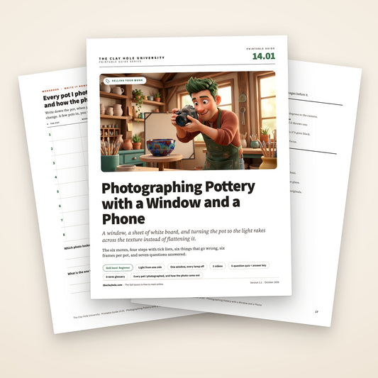 Photographing Pottery with a Window and a Phone printable guide: the cover, with the pot photo log and the one page summary fanned behind it